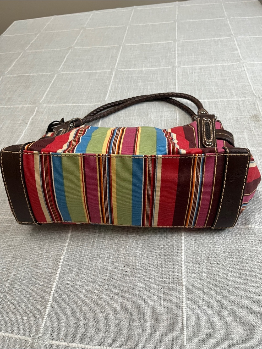 VINTAGE Fossil Multicolor Striped Canvas Shoulder Bag with Brown Leather Trim - Picture 3 of 10